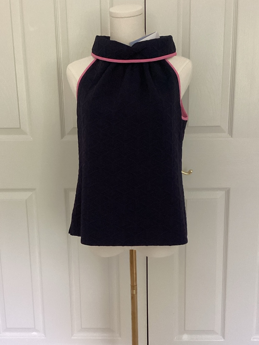 Sail to Sable Navy blue Cowl Neck top with Pink Trim